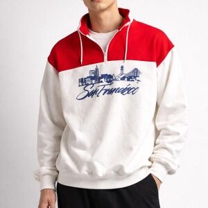 Vintage 90s San Francisco Sweatshirt Men's M Colorblock 1/4 Zip Hood Red White